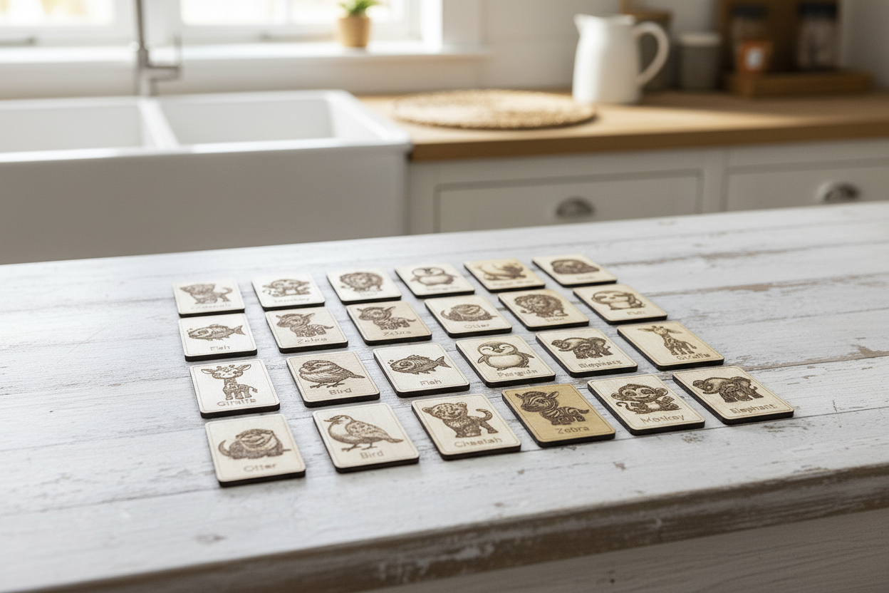 Wooden animal matching game tiles displayed on farmhouse table