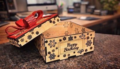 Winter Happy Birthday Box – Snowflake Gift Box with Red Bow