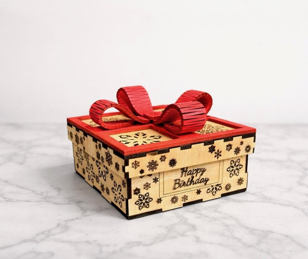 Winter Happy Birthday Box – Snowflake Gift Box with Red Bow
