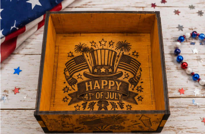 Happy 4th of July Laser Engraved Wooden Gift Box