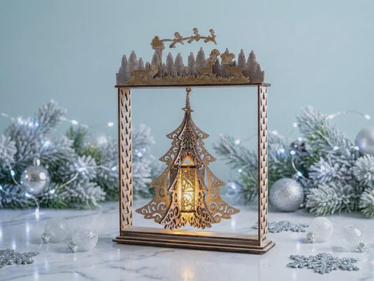 Laser Cut Wooden Christmas Tree Lamp - Holiday Home Decor