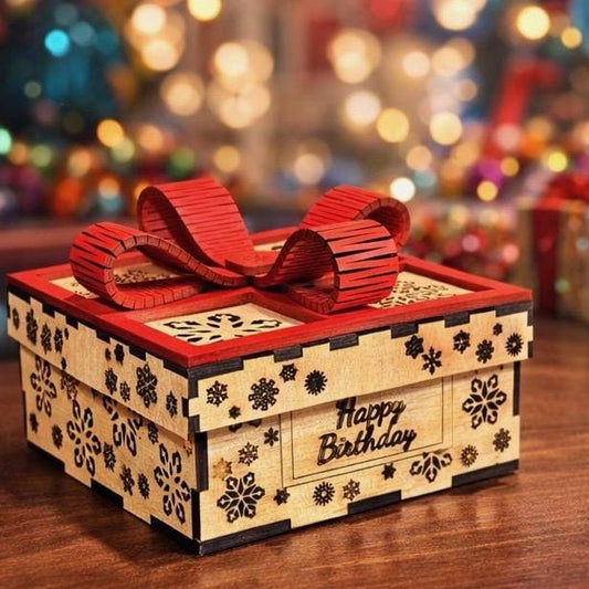 Winter Happy Birthday Box – Snowflake Gift Box with Red Bow