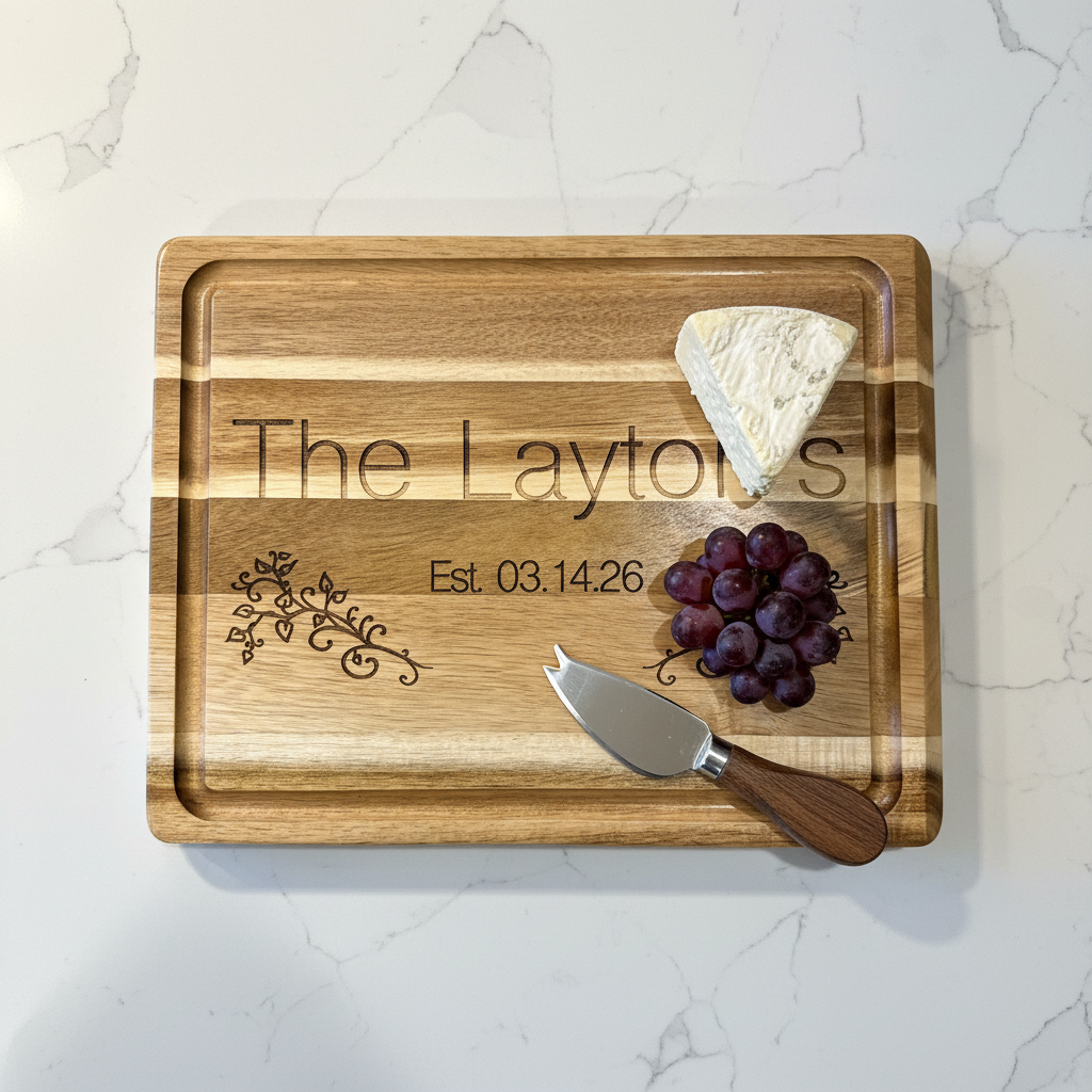 Acacia wood cutting board styled with charcuterie