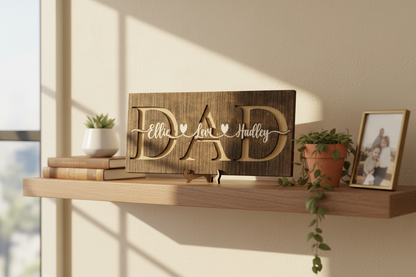 Personalized DAD sign displayed on a shelf in a cozy living room