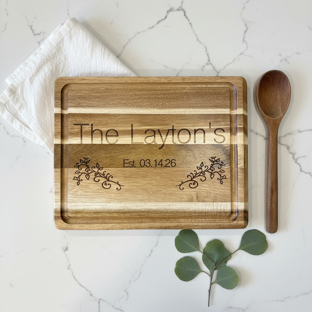 Acacia wood cutting board styled with linen and eucalyptus